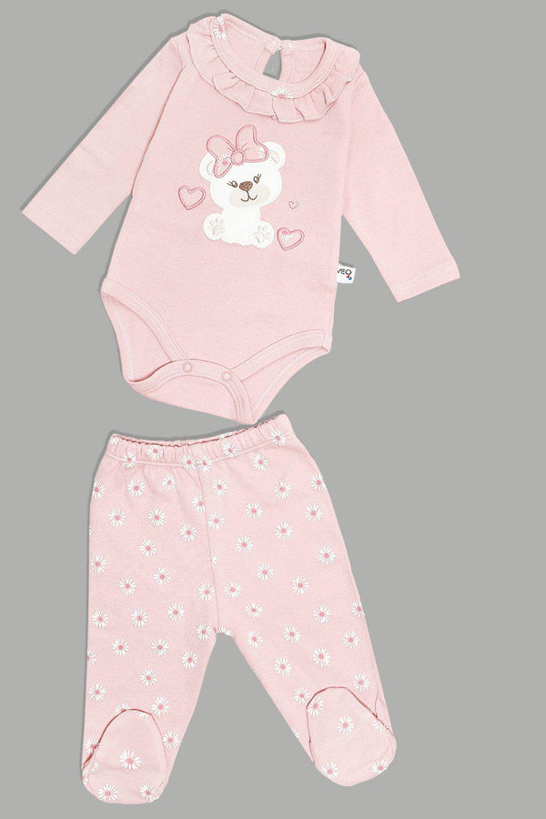 Cute Bear And Flowers Print Baby Girl Bodysuit And Trousers Set-SinglePrice
