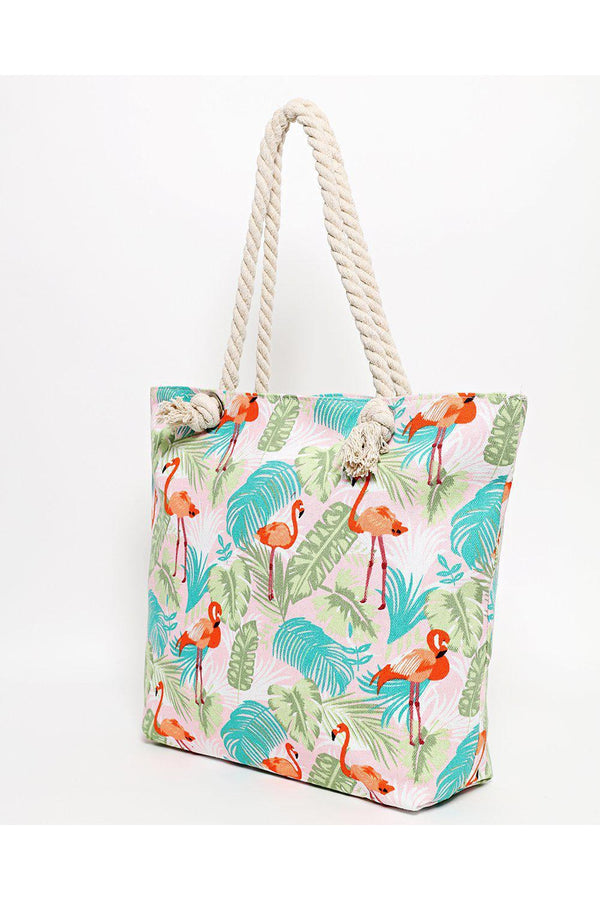 Rope Handle Tropical Flamingo Print Pink Beach Bag - SinglePrice