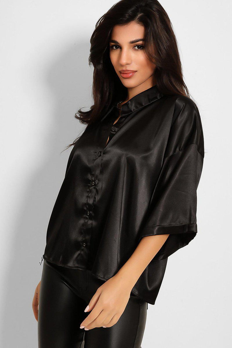 Black Satin Silk Boxy Cut Blouse Shirt-SinglePrice