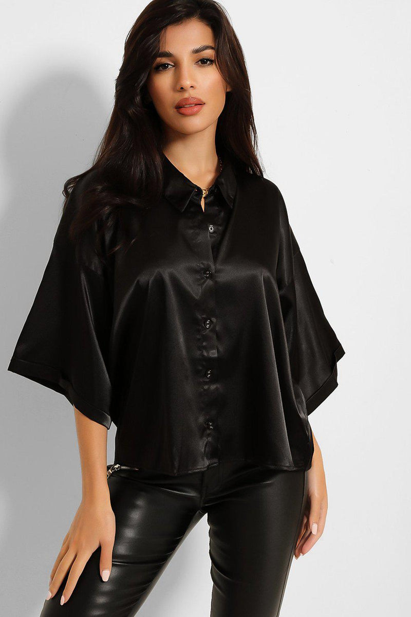 Black Satin Silk Boxy Cut Blouse Shirt-SinglePrice