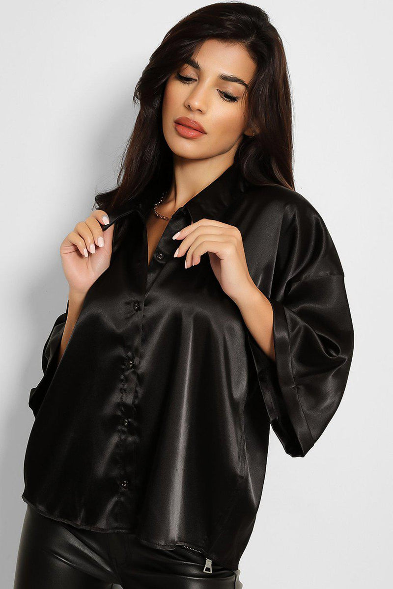 Black Satin Silk Boxy Cut Blouse Shirt-SinglePrice