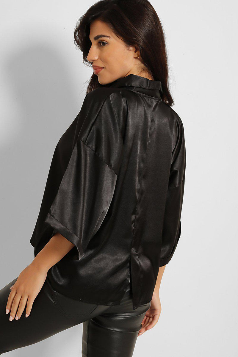 Black Satin Silk Boxy Cut Blouse Shirt-SinglePrice