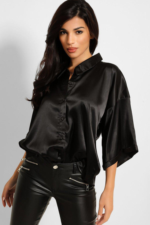 Black Satin Silk Boxy Cut Blouse Shirt-SinglePrice