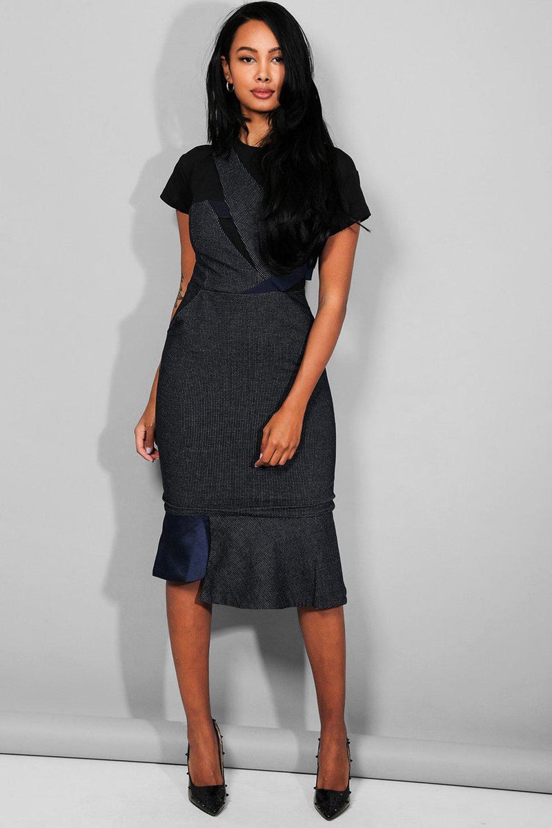 Navy Asymmetric Overlay Details Midi Dress - SinglePrice