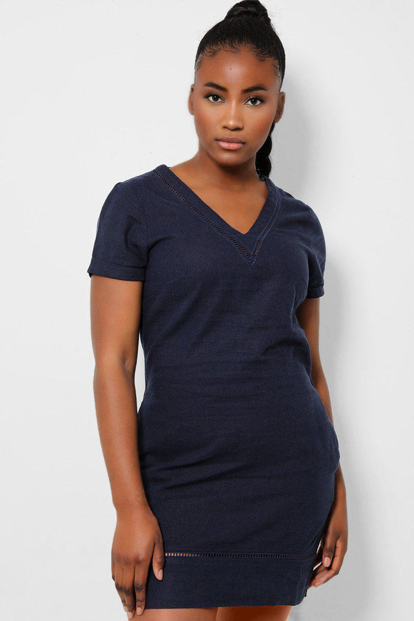 Navy Linen Blend Crochet Panels Mini Dress - SinglePrice