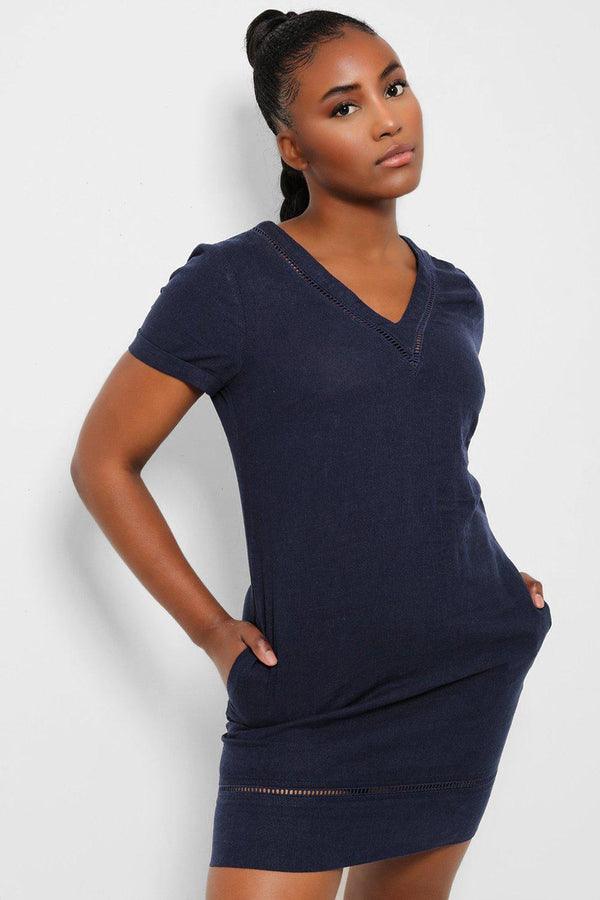 Navy Linen Blend Crochet Panels Mini Dress - SinglePrice