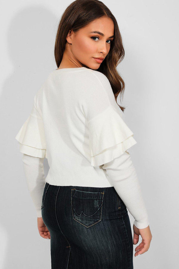 White Double Frill Sleeve Pullover - SinglePrice
