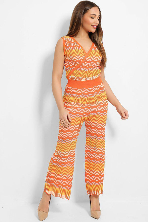 Orange Lace Zig Zag Knit Wrap Neck Jumpsuit-SinglePrice