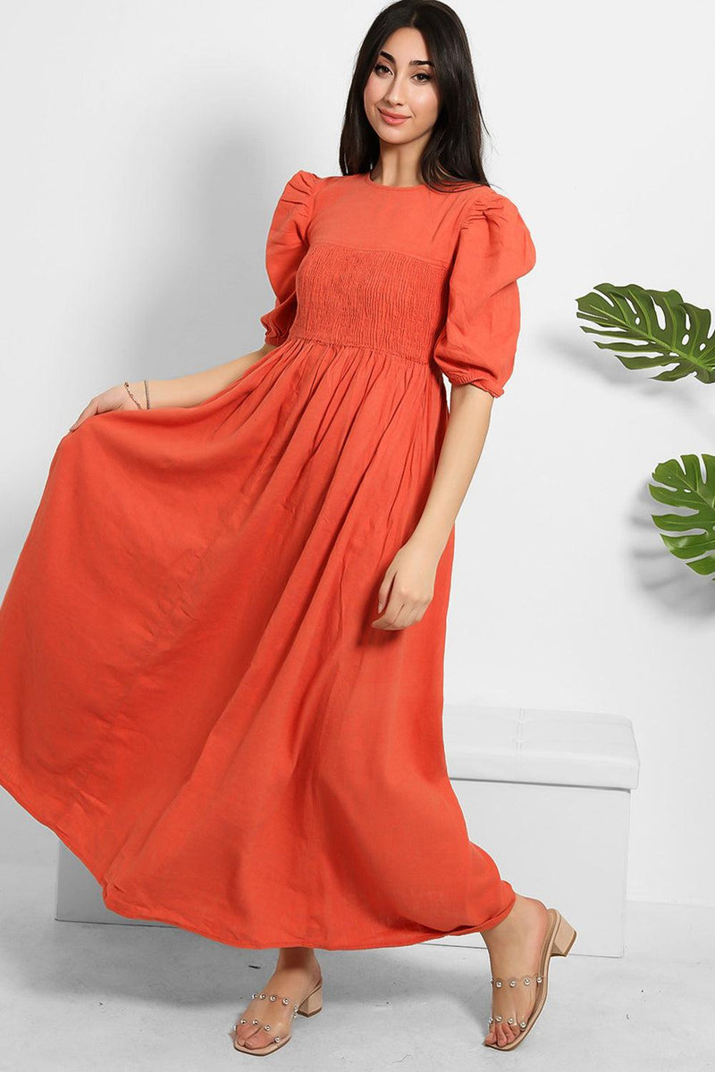 Brick Linen Blend Puff Sleeve Maxi Dress-SinglePrice