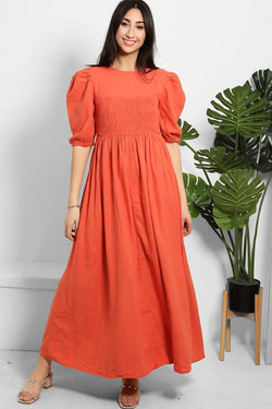 Brick Linen Blend Puff Sleeve Maxi Dress-SinglePrice