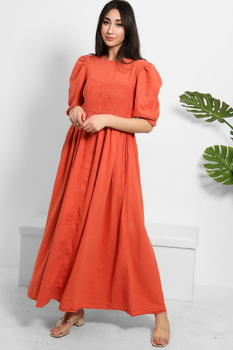 Brick Linen Blend Puff Sleeve Maxi Dress-SinglePrice