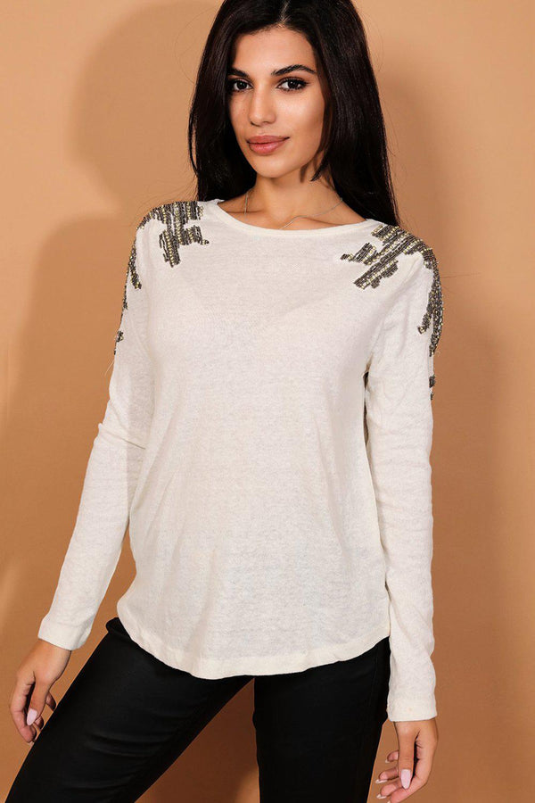 Beige Beaded Shoulders Lightweight Knit Pullover - SinglePrice