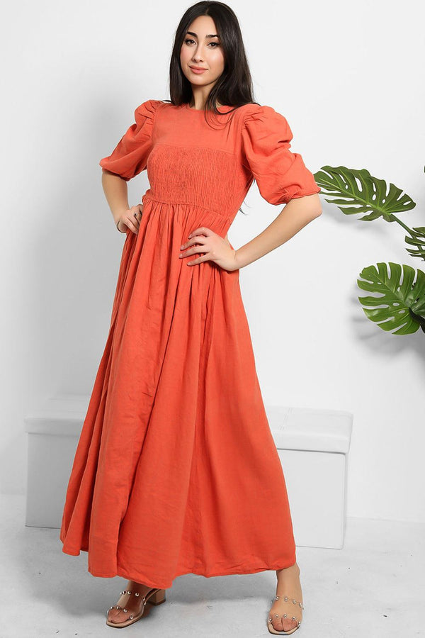 Brick Linen Blend Puff Sleeve Maxi Dress-SinglePrice