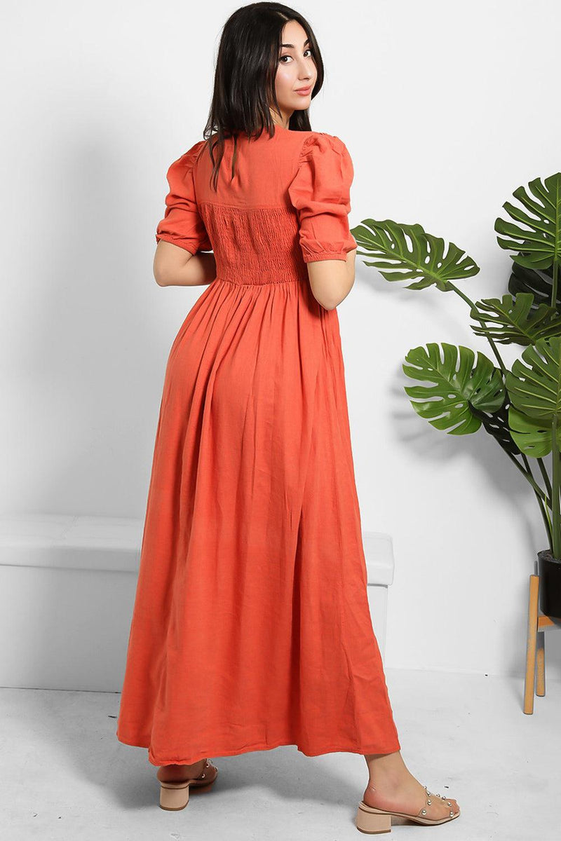 Brick Linen Blend Puff Sleeve Maxi Dress-SinglePrice