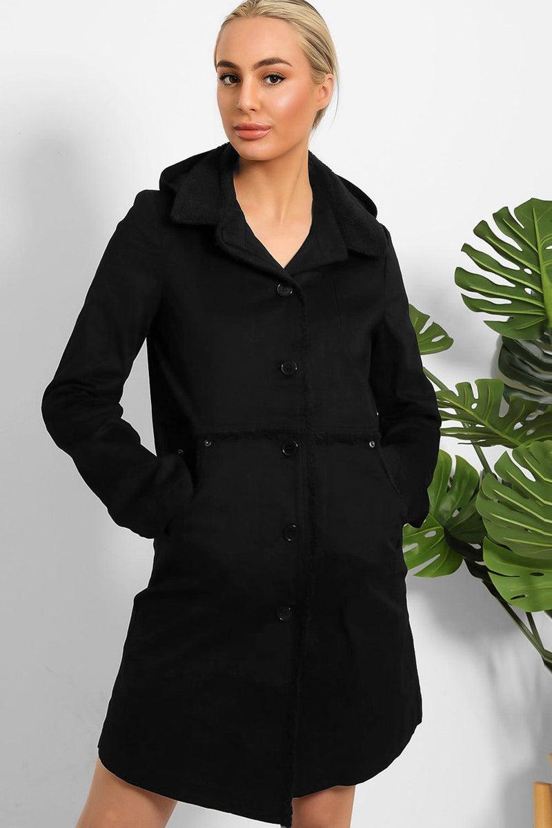 Black Vegan Shearling Collar And Details Detachable Hood Coat-SinglePrice