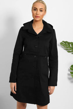 Black Vegan Shearling Collar And Details Detachable Hood Coat-SinglePrice