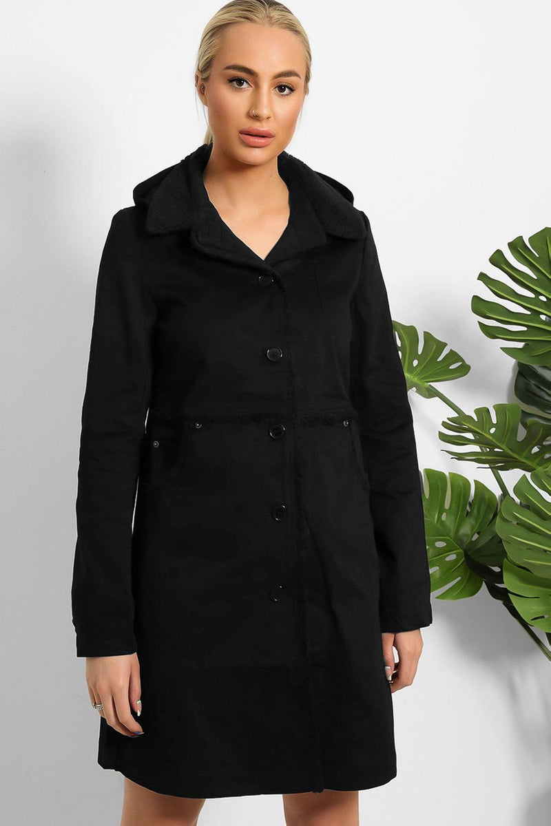 Black Vegan Shearling Collar And Details Detachable Hood Coat-SinglePrice