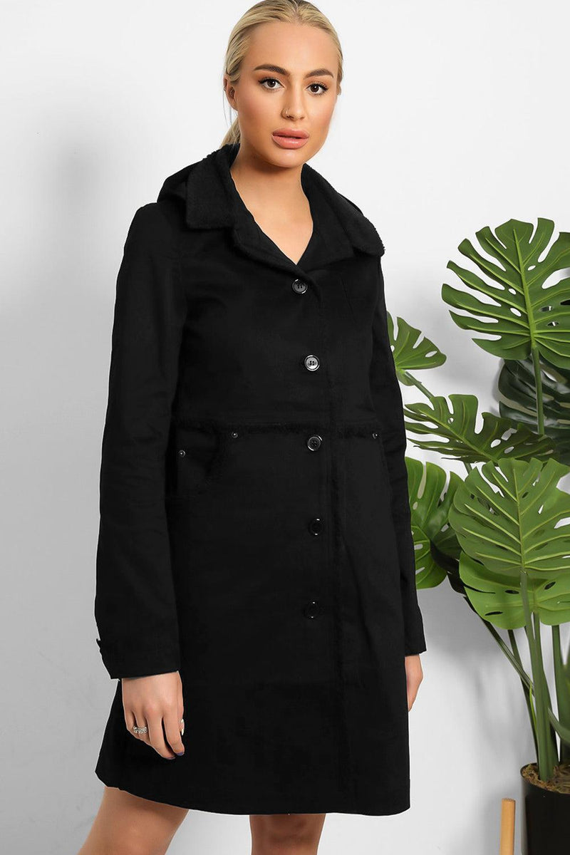 Black Vegan Shearling Collar And Details Detachable Hood Coat-SinglePrice