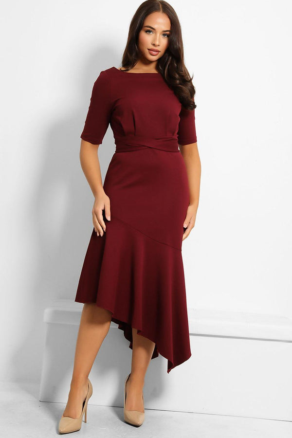 Buttons Details To Sleeve Asymmetric Hem Midi Dress-SinglePrice