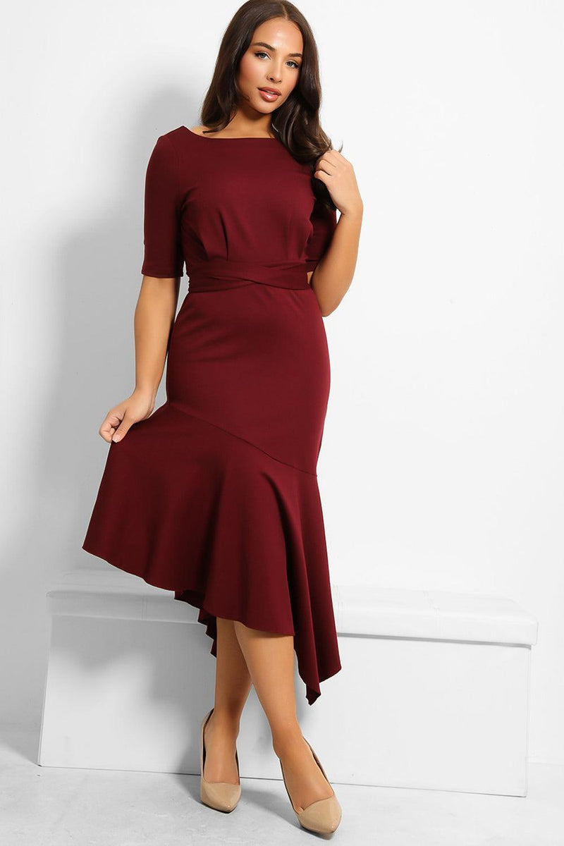 Buttons Details To Sleeve Asymmetric Hem Midi Dress-SinglePrice