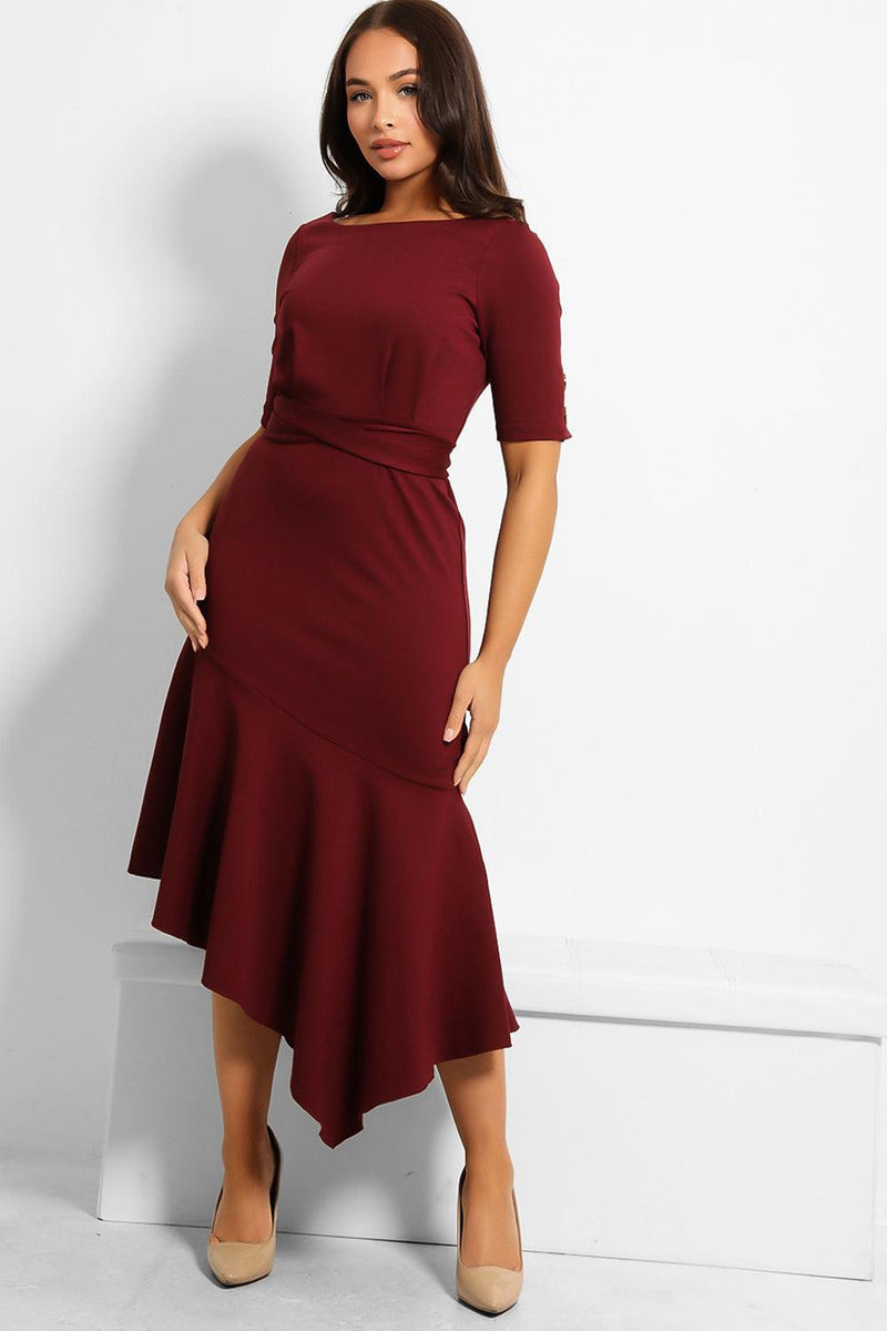 Buttons Details To Sleeve Asymmetric Hem Midi Dress-SinglePrice