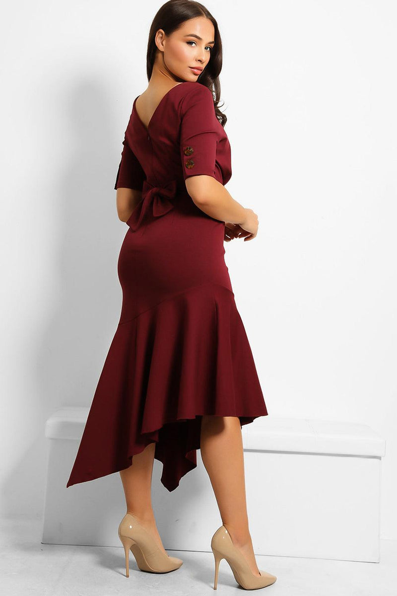 Buttons Details To Sleeve Asymmetric Hem Midi Dress-SinglePrice