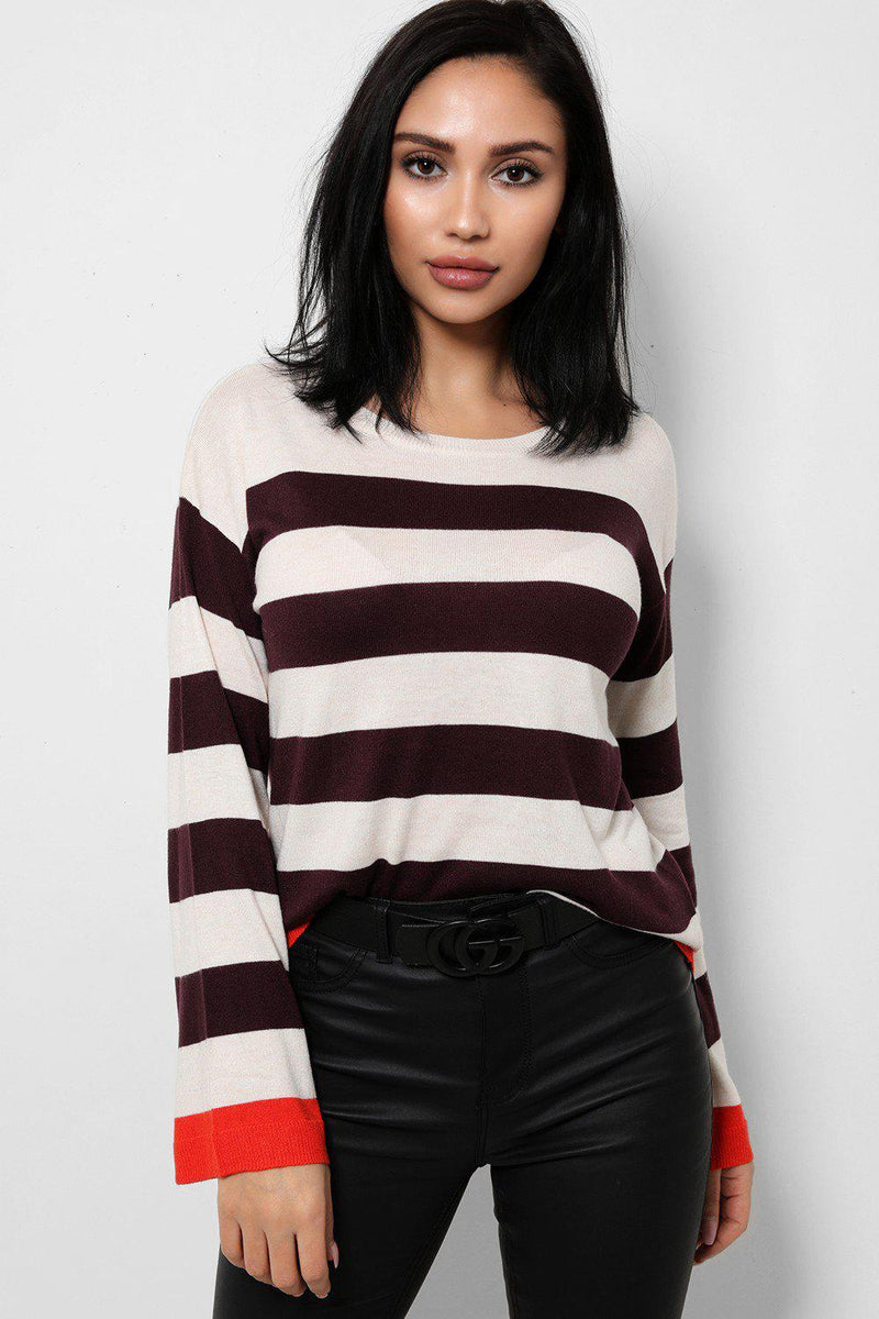 Cream Flute Sleeves Flat Knit Jumper In Stripes - SinglePrice