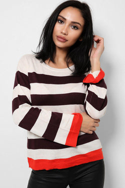 Cream Flute Sleeves Flat Knit Jumper In Stripes - SinglePrice