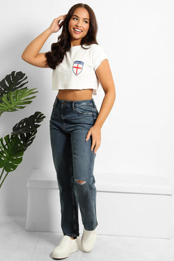 Dark Blue Distress Detail Denim Mom Jeans-SinglePrice