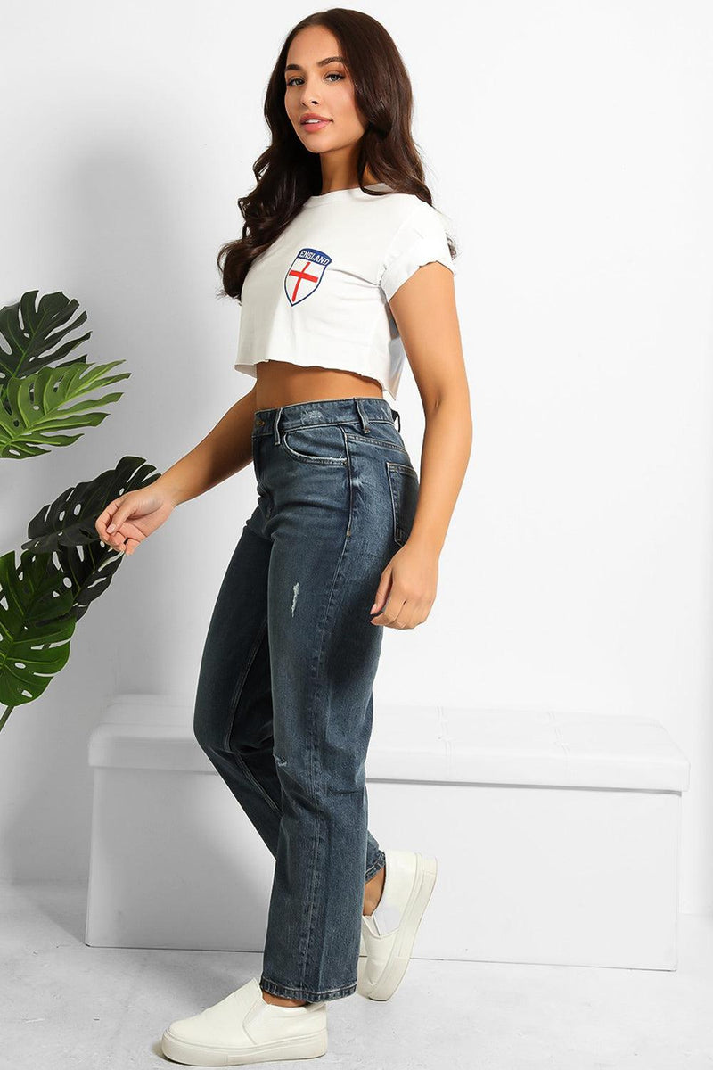 Dark Blue Distress Detail Denim Mom Jeans-SinglePrice