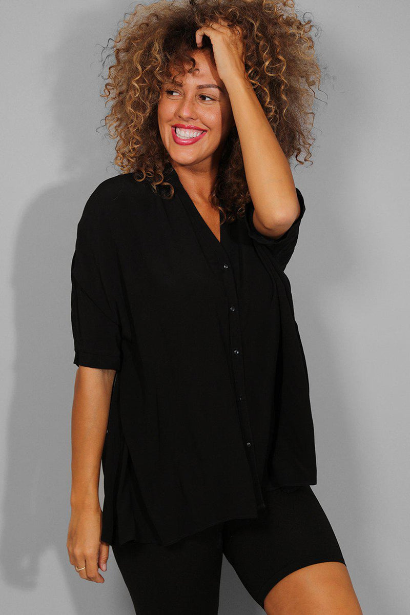 Black Button Front Oversized Shirt - SinglePrice