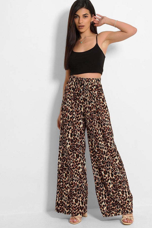 Brown Leopard Print Pleated Wide Leg Trousers - SinglePrice