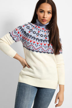 Blue WHite Fairisle Knit High Neck Pullover-SinglePrice