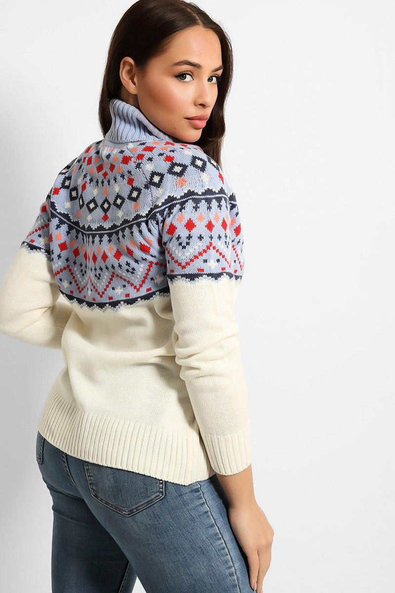 Blue WHite Fairisle Knit High Neck Pullover-SinglePrice