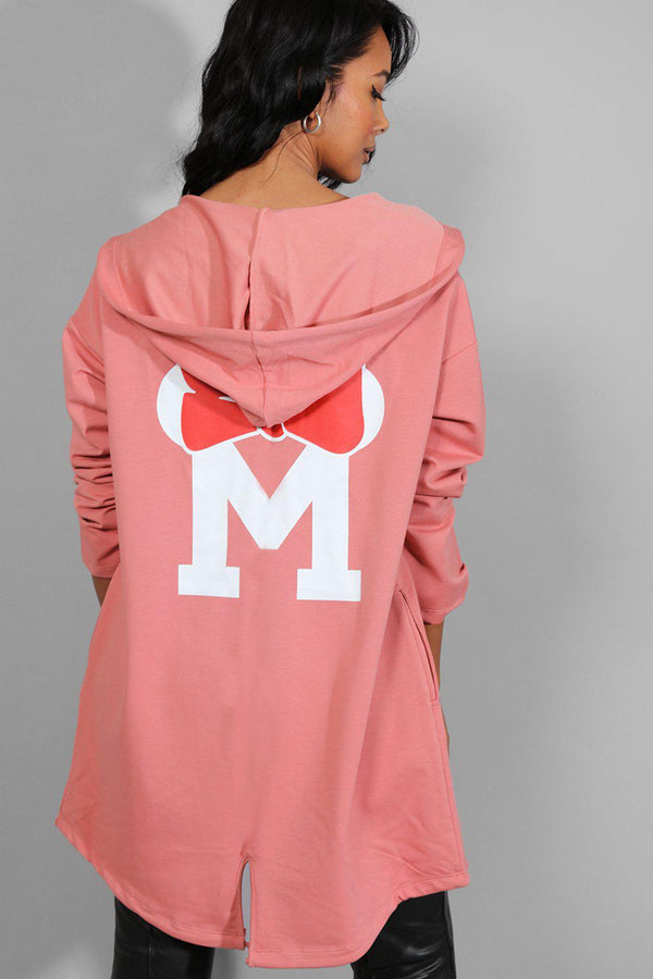 Pink Cartoon Logo Open Front Hooded Cardigan-SinglePrice