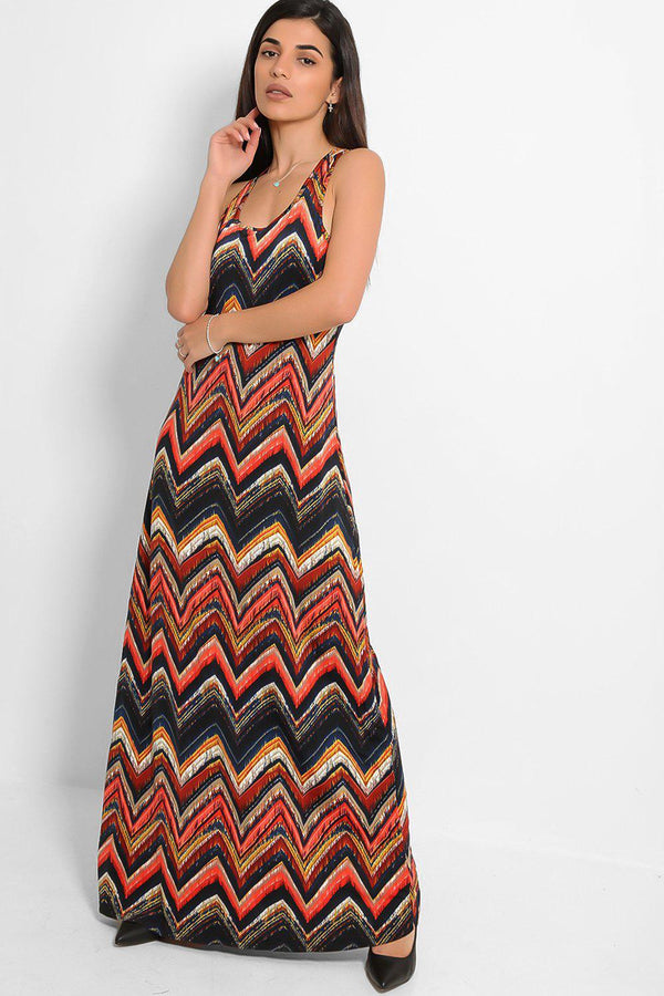 Navy Zig Zag Print Slinky Sleeveless Maxi Dress - SinglePrice