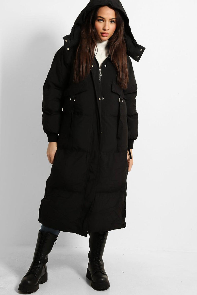 Black Drawstring Waist Hooded Parka Jacket-SinglePrice