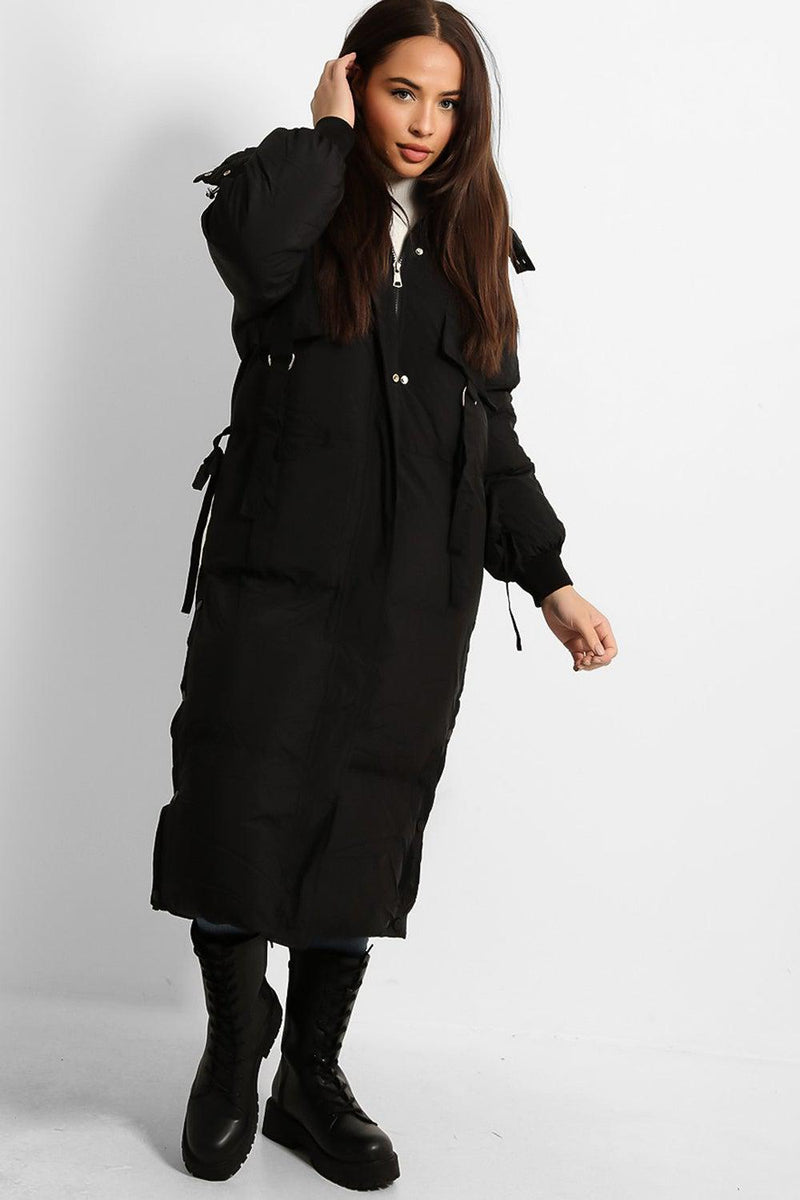 Black Drawstring Waist Hooded Parka Jacket-SinglePrice