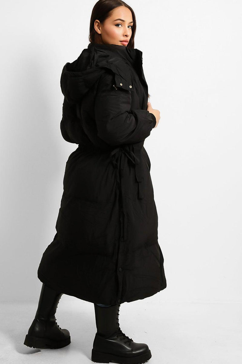Black Drawstring Waist Hooded Parka Jacket-SinglePrice