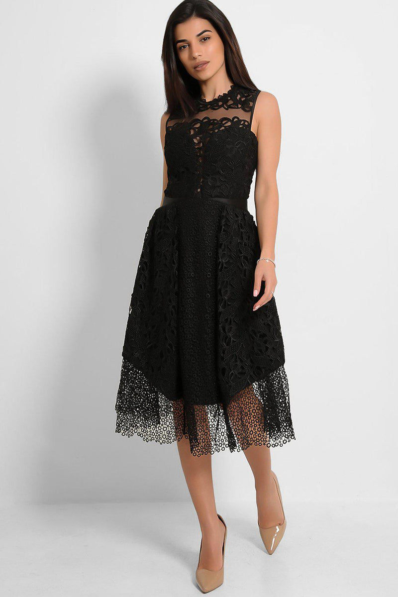 Black Crochet Lace Sleeveless Midi Dress-SinglePrice