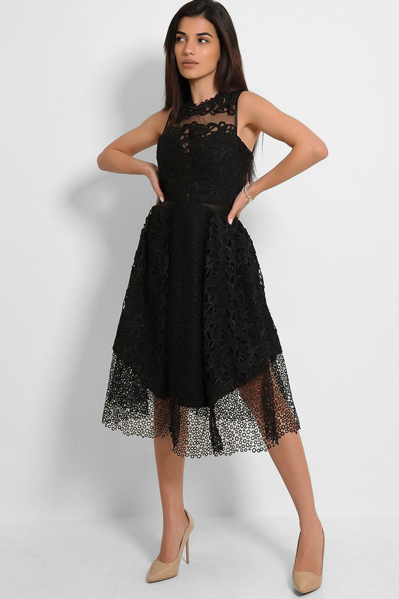 Black Crochet Lace Sleeveless Midi Dress-SinglePrice