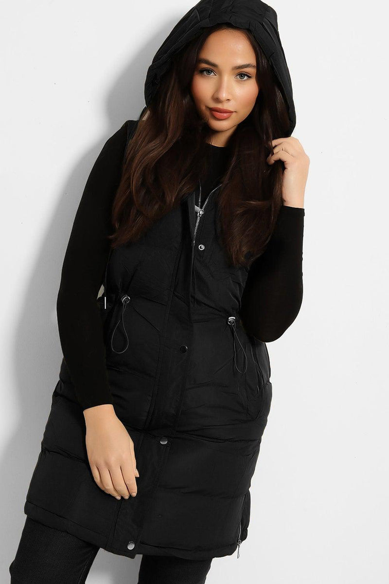 Drawstring Waist Side Zipped Hooded Puffer Gilet-SinglePrice