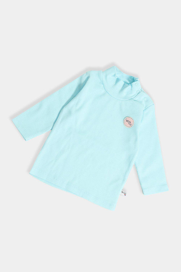 Turquoise Ribbed Buttoned Kids Polo Neck Top - SinglePrice