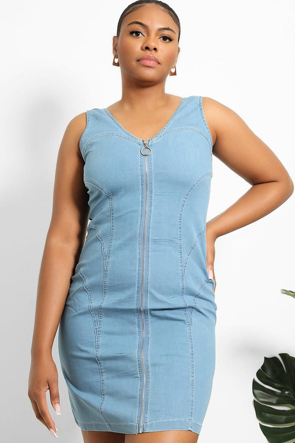 Denim Blue Zipped Front Sleveless Dress-SinglePrice