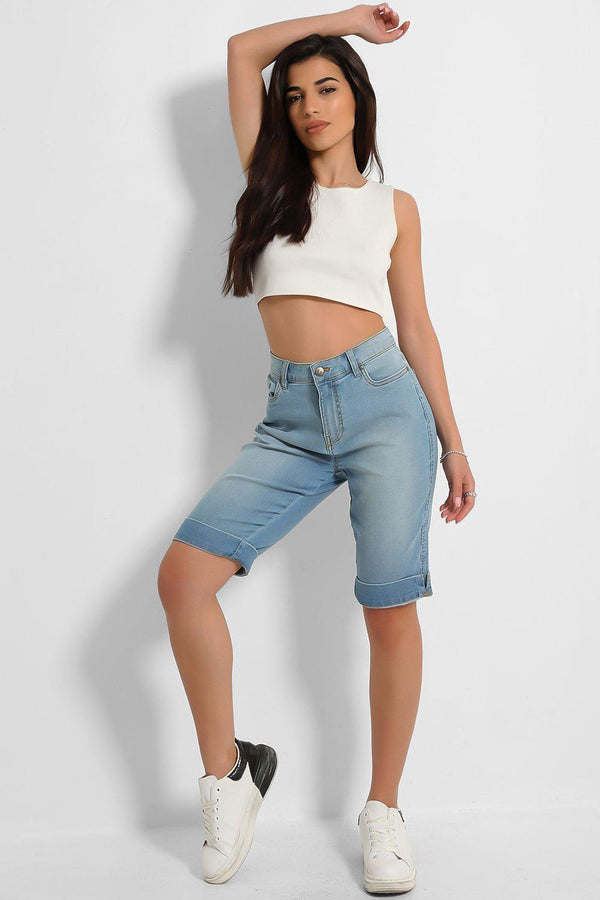 Sky Blue Denim Fold Up Hem Midi Shorts - SinglePrice