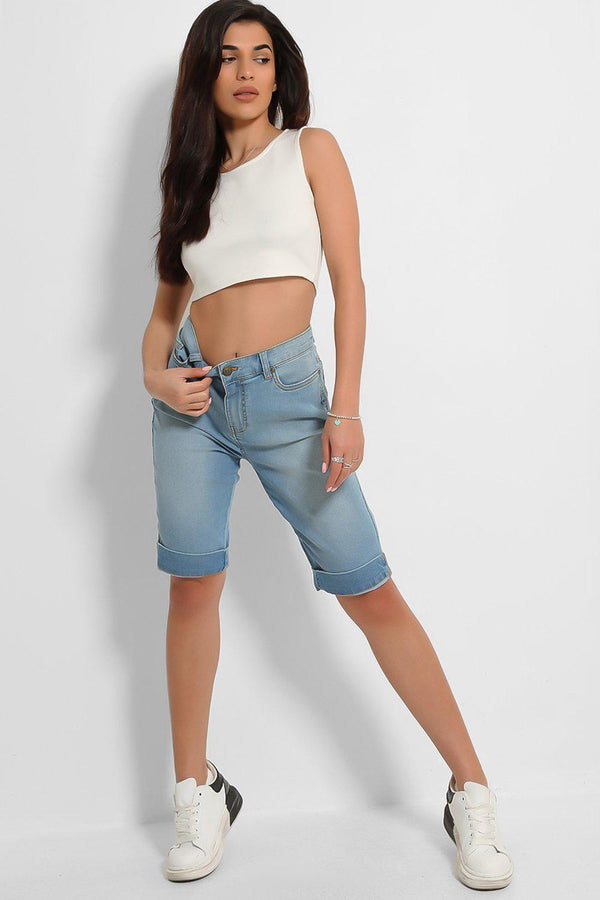 Sky Blue Denim Fold Up Hem Midi Shorts - SinglePrice