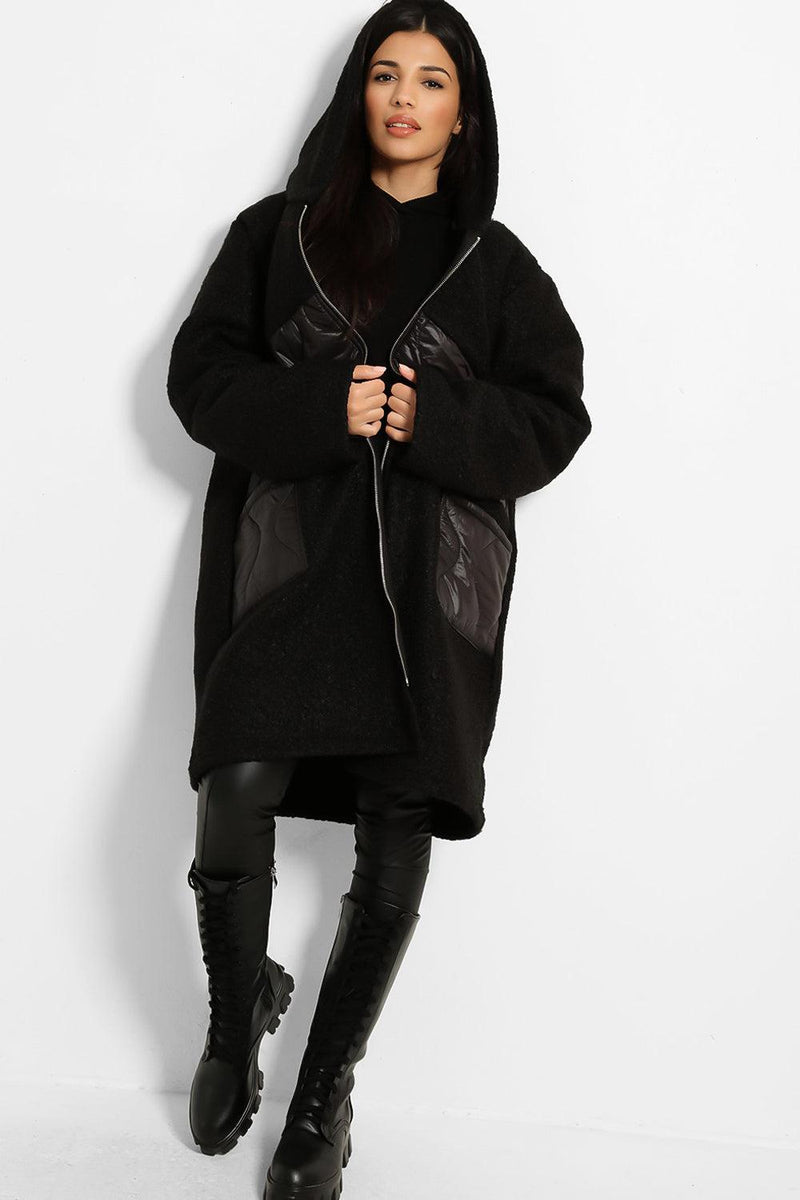 Contrast Quilted Details Boucle Hooded Coat-SinglePrice