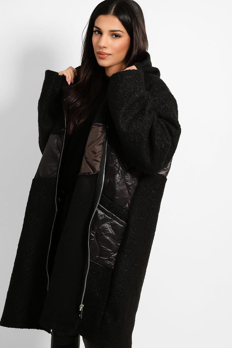 Contrast Quilted Details Boucle Hooded Coat-SinglePrice