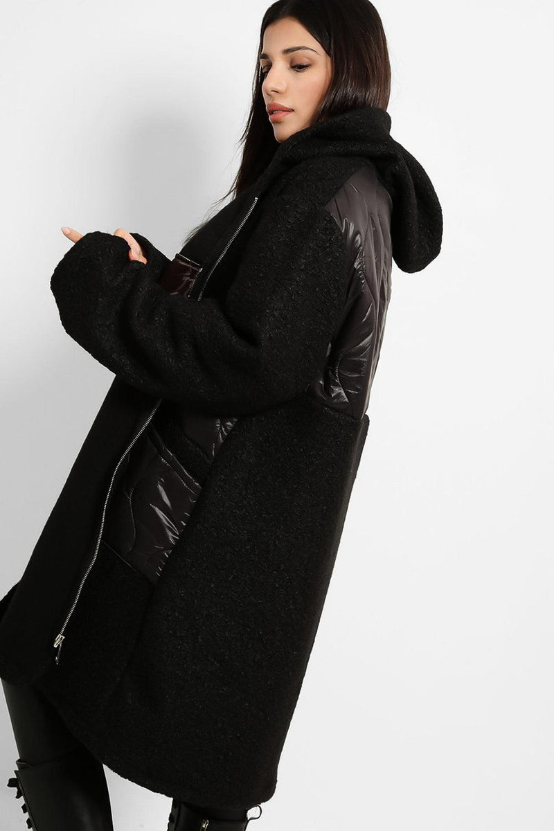 Contrast Quilted Details Boucle Hooded Coat-SinglePrice