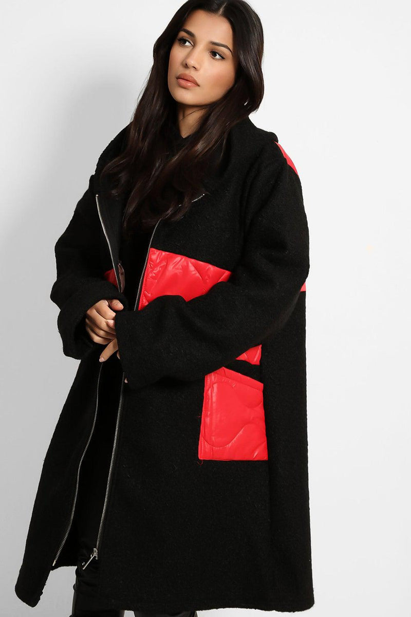 Contrast Quilted Details Boucle Hooded Coat-SinglePrice